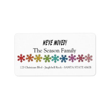 We've Moved Rainbow Snowflakes Label by PortoSabbiaNatale at Zazzle