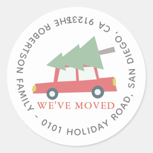 Weve Moved Red Car Christmas Tree Holiday Address Classic Round Sticker