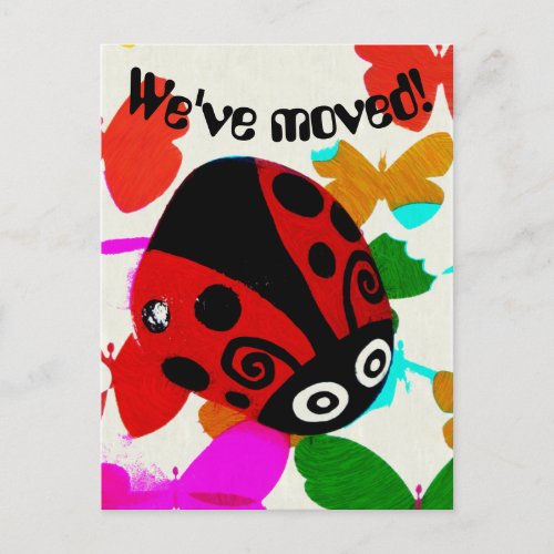 Weve Moved Red Ladybug and Butterflies postcard