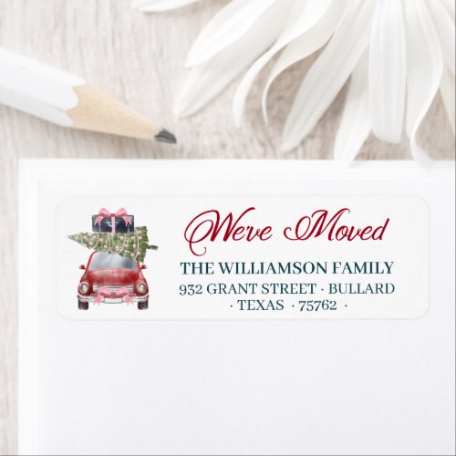 Weve Moved Red Retro Car Christmas Tree Luggage Label