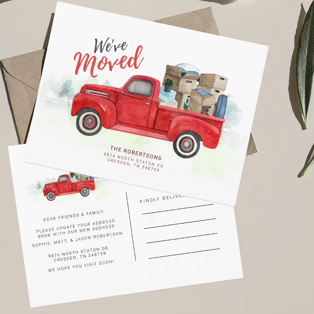 Red Moving Advertisement We've Moved Red Truck Classic Moving Announcement Postcard | Zazzle