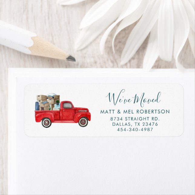 We've Moved Red Truck Moving Announcement Label (Insitu)