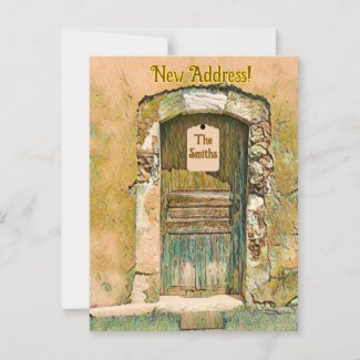 WE'VE MOVED!  RUSTIC PAINTED WOODEN DOOR POSTCARD