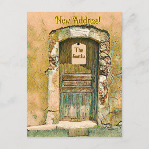 WE'VE MOVED!  RUSTIC PAINTED WOODEN DOOR POSTCARD