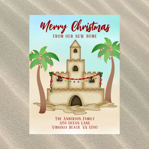 Weve Moved Sandcastle New Beach Home Christmas Holiday Postcard