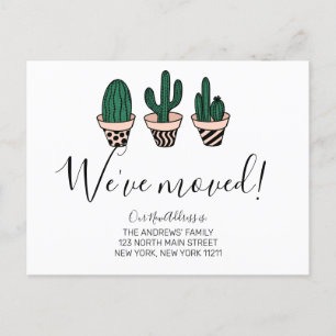 We've Moved Simple Cute Green Pink Cactus Moving Announcement Postcard