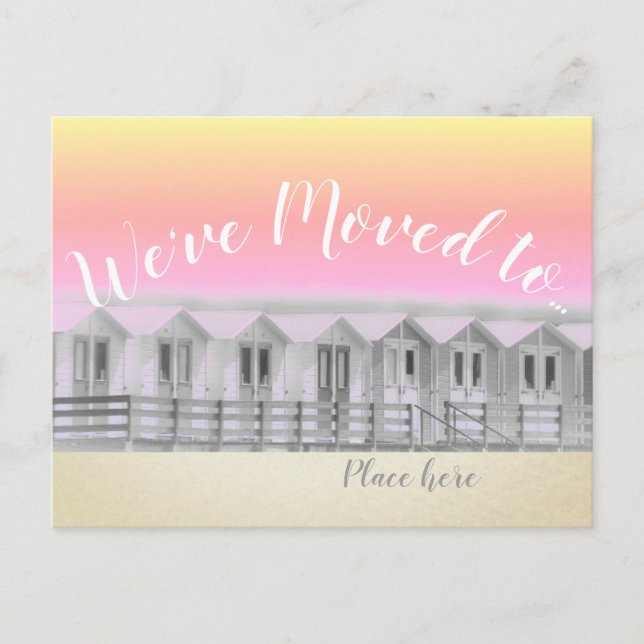 "We've moved" sunset beach hut by seaside postcard (Front)