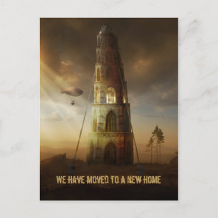 We've moved to a new home Large Surreal Tower Announcement Postcard