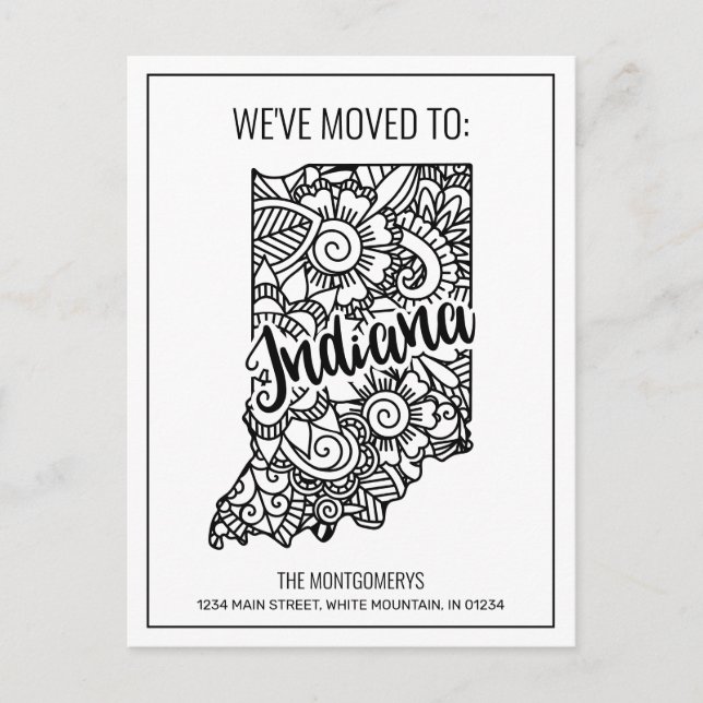 We've Moved To Indiana State Floral Mandala Announcement Postcard (Front)