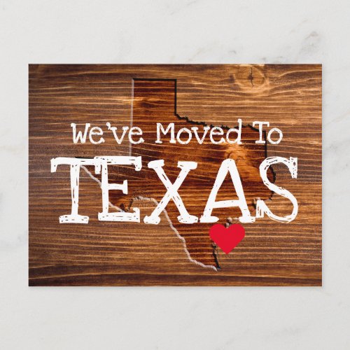 Weve Moved to Texas Wood Cut Red Heart Postcard