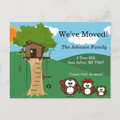 Weve Moved  Tree House  Owl Family  Cute Announcement Postcard