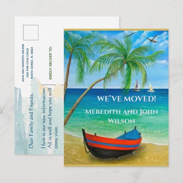 We've Moved Tropical Beach Ocean Palms Move Announcement Postcard (Front/Back)