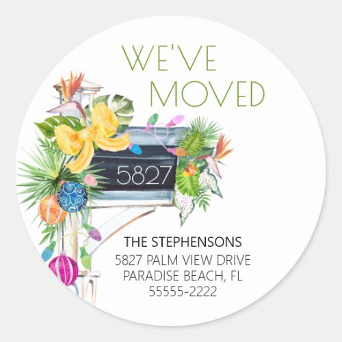 Weve Moved Tropical Christmas Return Address Classic Round Sticker