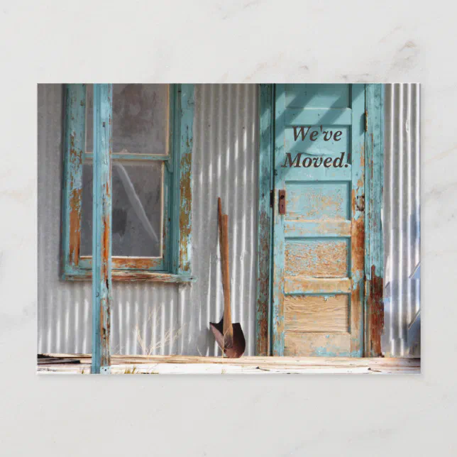 We've Moved Turquoise Door Shovel New Address Card | Zazzle