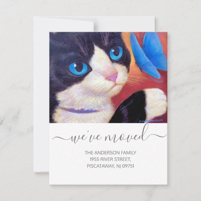 We've Moved Tuxedo Cat Pet New Address Script Text Announcement (Front)
