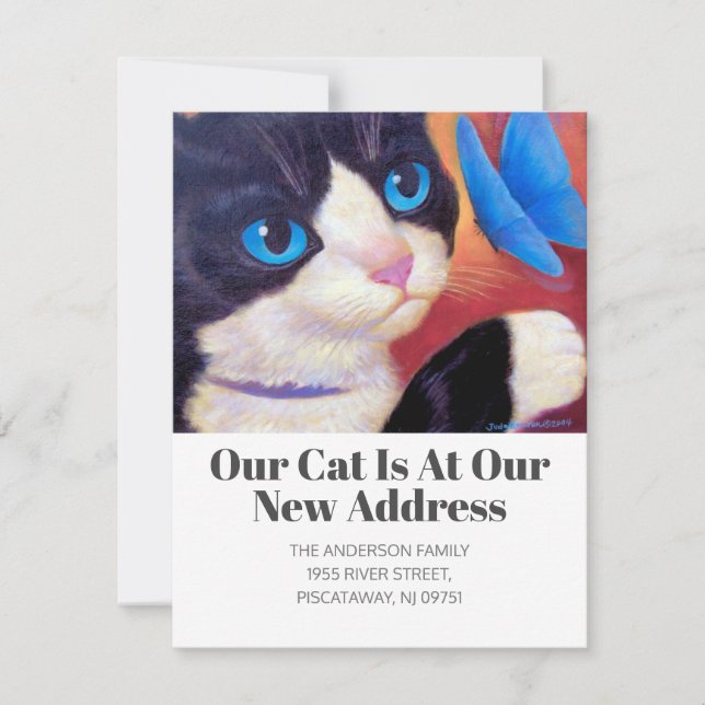 We've Moved Tuxedo Cat Pet New Home Script Text Announcement (Front)