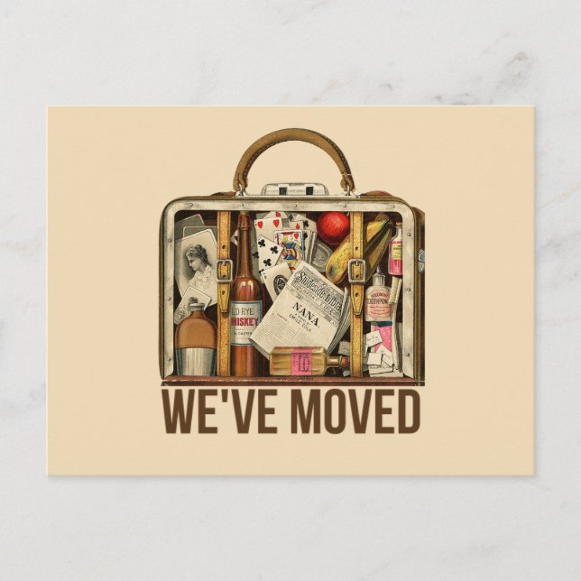 We've Moved Vintage Travel Suitcase postcard (Front)