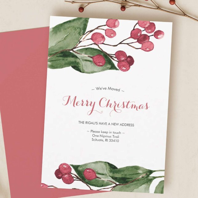 We've Moved Watercolor Botanical Christmas Holiday Card (Red and green watercolor berries moving announcement cards)
