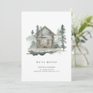 We've Moved Watercolor Cabin Pine Trees Rustic Announcement