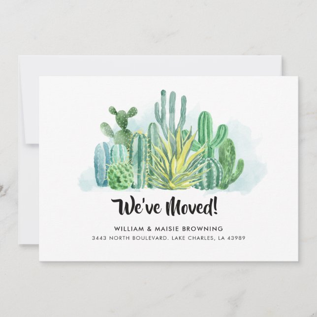 We've Moved Watercolor Cacti Script Moving Announcement (Front)
