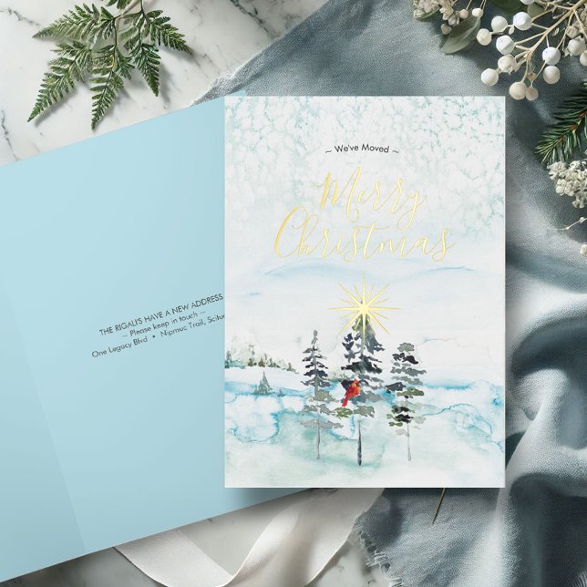We've Moved Watercolor Christmas Cards (Merry Christmas cards watercolor pine trees and winter scene in shades of blue)