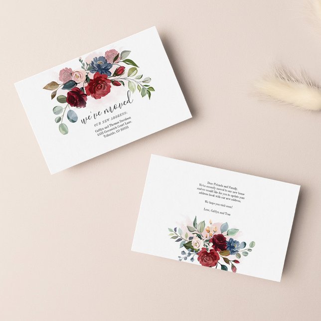 We've Moved Watercolor Floral Moving Note Card (We've Moved Burgundy Floral Moving Announcement)