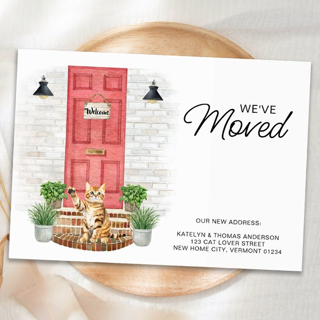 We've Moved Watercolor Front Red Door Cat Moving  Announcement Postcard (Creator Uploaded)