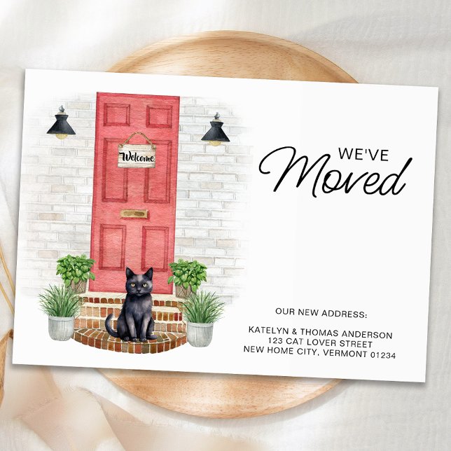 We've Moved Watercolor Front Red Door Cat Moving  Announcement Postcard (Creator Uploaded)