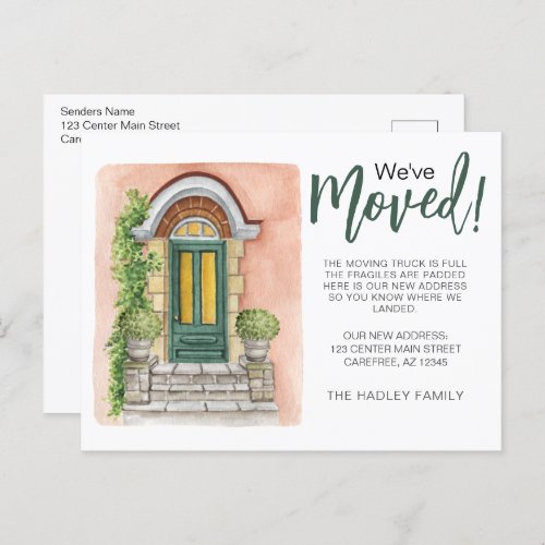 Weve Moved Watercolor Green Door Announcement Postcard