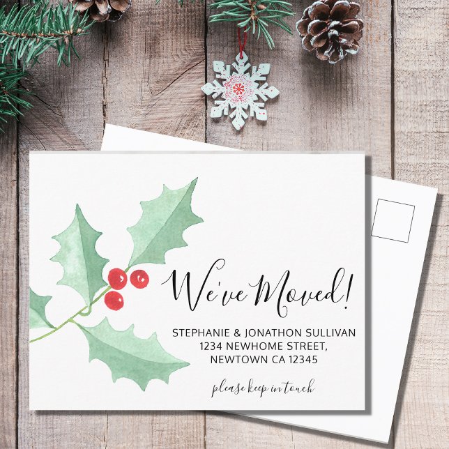 We've Moved Watercolor Holly Announcement Postcard (Creator Uploaded)