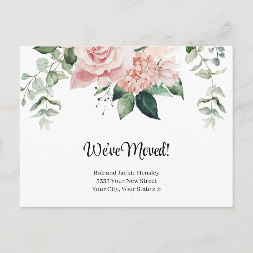 Weve Moved Watercolor Pink Floral Announcement Postcard
