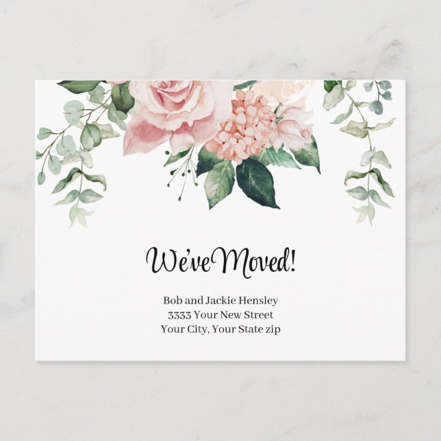 We've Moved Watercolor Pink Floral Announcement Postcard (Front)