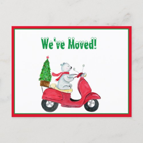 Weve Moved Watercolor Polar Bear On Scooter Xmas Announcement Postcard