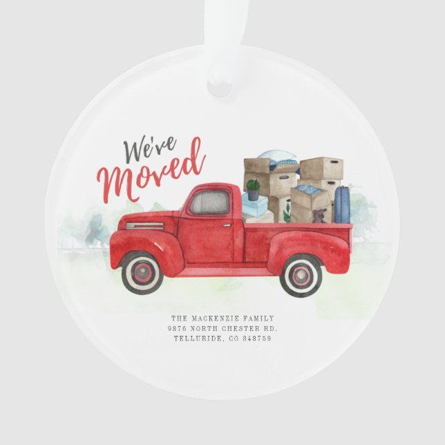 We've Moved Watercolor Red Truck Holiday Moving Ornament (Front)