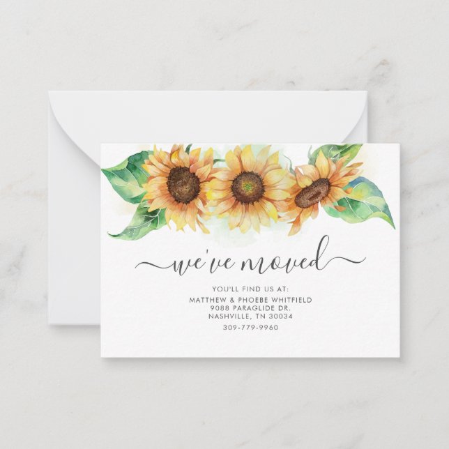 We've Moved Watercolor Sunflower Moving Note Card (Front)