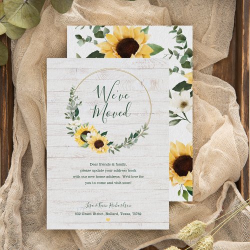 Weve Moved Watercolor Sunflower Wreath Whitewood  Announcement