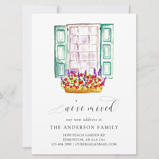 We've Moved Watercolor Window Flower Box Cute Announcement (Front)