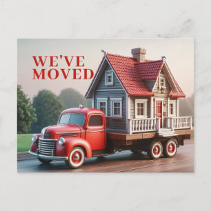 WE'VE MOVED Whimsical Cottage & Red Truck Invitation Postcard