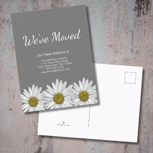 Weve Moved Whimsical Daises New Home Gray Announcement Postcard