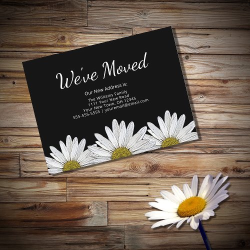 Weve Moved White Daisies Rustic Botanical Black Announcement Postcard