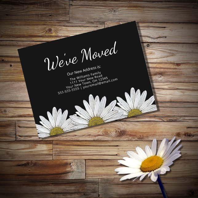We've Moved White Daisies Rustic Botanical Black Announcement Postcard (Creator Uploaded)