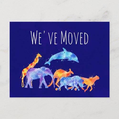 Weve Moved Wild Animal Herd Colorful Watercolor Announcement Postcard