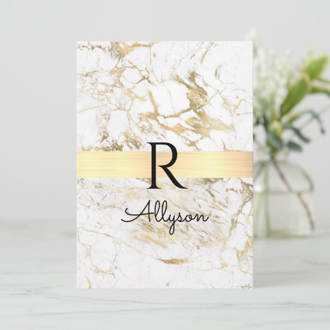Wh/Gold Marble, DIY Blk Name Monogram Message Invitation (Standing Front)