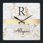 Wh & Gold Marble Gold Bar, Black Name Monogram Vs2 Square Wall Clock<br><div class="desc">Personalize black script name and monogram on Gold Bar on White and Gold Marble. Version 2.</div>