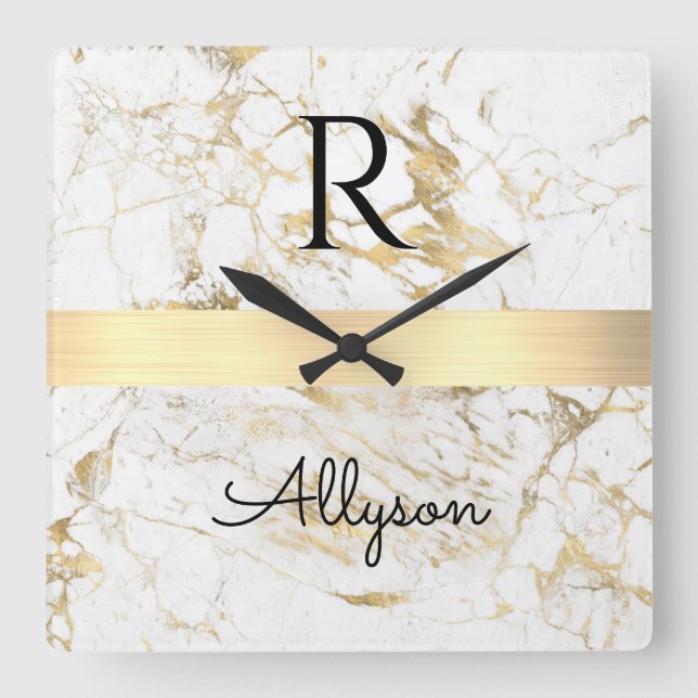 Wh & Gold Marble Gold Bar, Black Name Monogram Vs2 Square Wall Clock (Front)