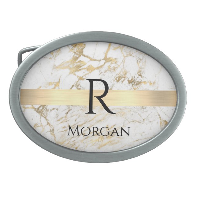 Wh & Gold Marble Gold Bar, DIY Black Name Monogram Belt Buckle (Front)