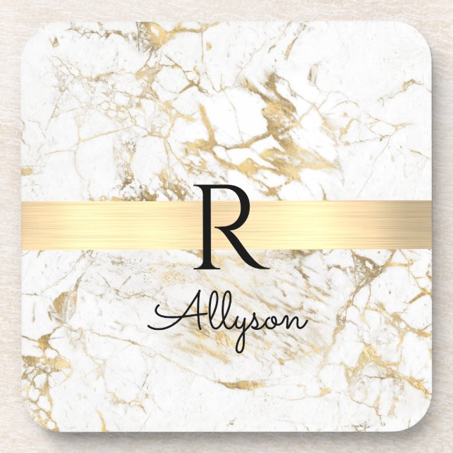 Wh & Gold Marble Gold Bar, DIY Black Name Monogram Beverage Coaster (Front)