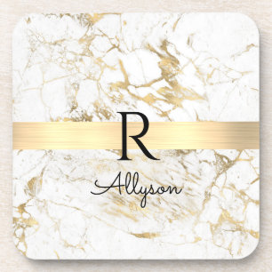 Wh & Gold Marble Gold Bar, DIY Black Name Monogram Beverage Coaster