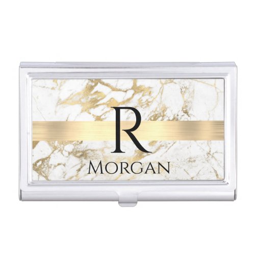 Wh  Gold Marble Gold Bar DIY Black Name Monogram Business Card Case