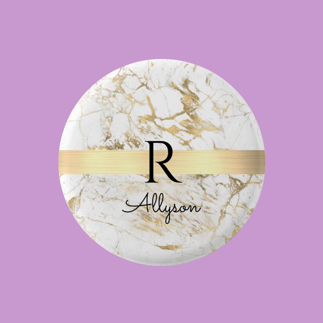 Wh & Gold Marble Gold Bar, DIY Black Name Monogram Button (Creator Uploaded)